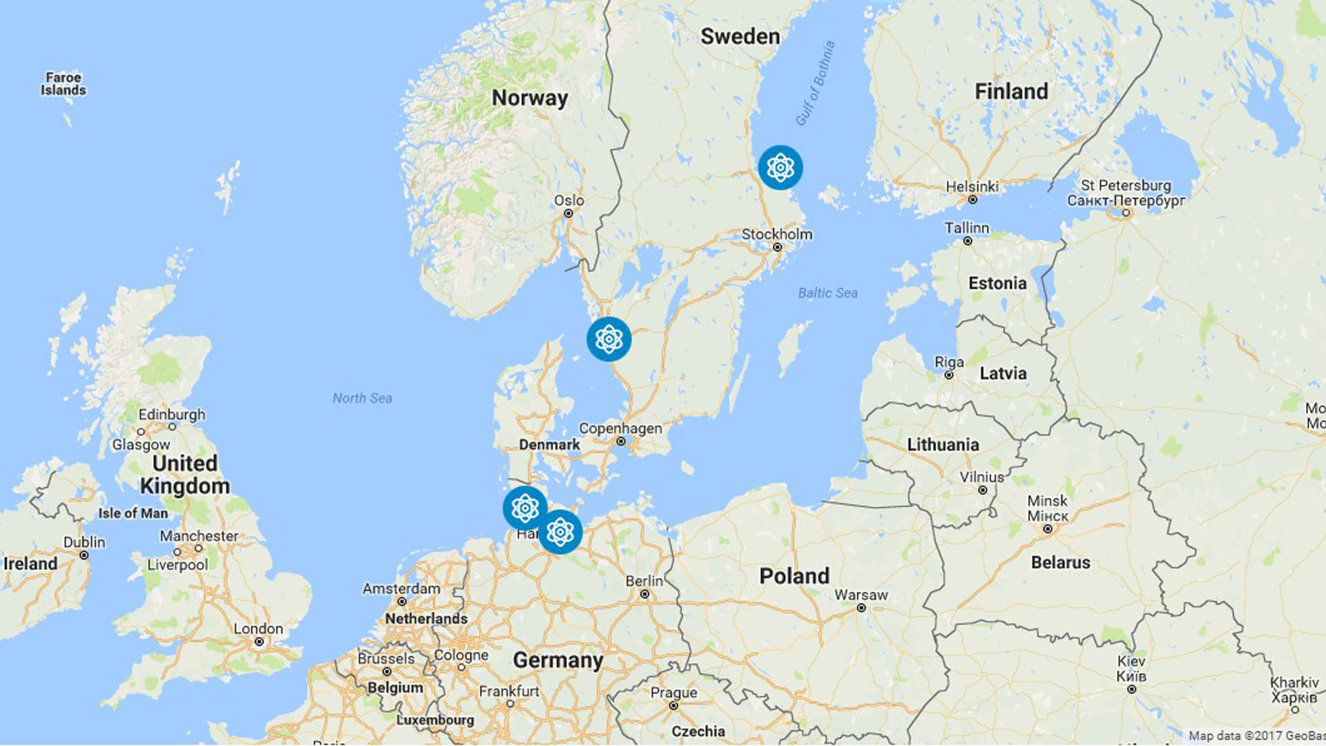 Karta som visar Vattenfalls kärnkraftverk