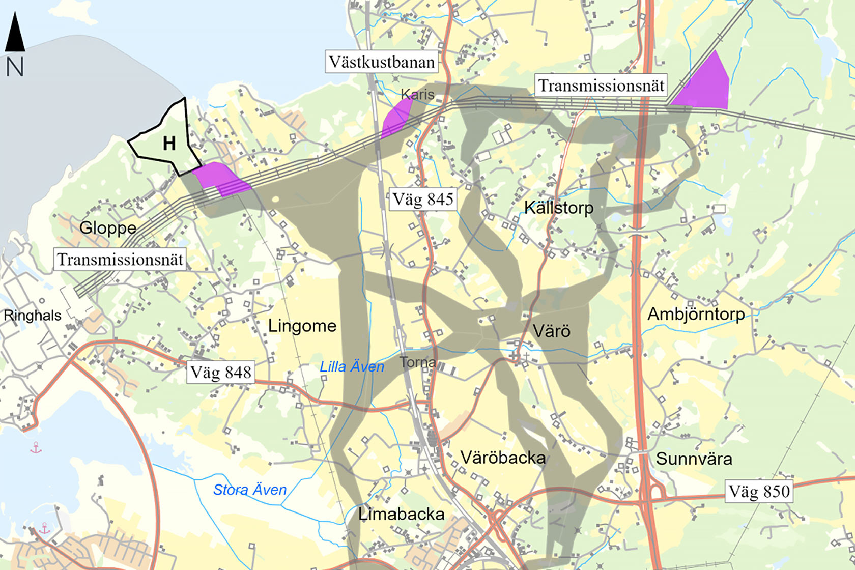 Del av karta som visar dragning av markkabel i projektet Kattegatt Syd