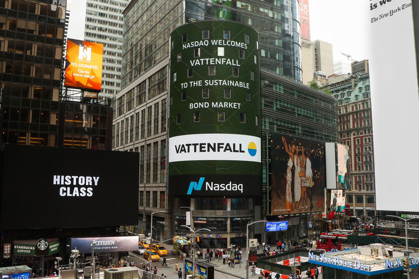 The Vattenfall green bond was listed on Nasdaq Stockholm, which advertised the bond on an electronic billboard in Times Square in New York on Friday 14 June 2019.