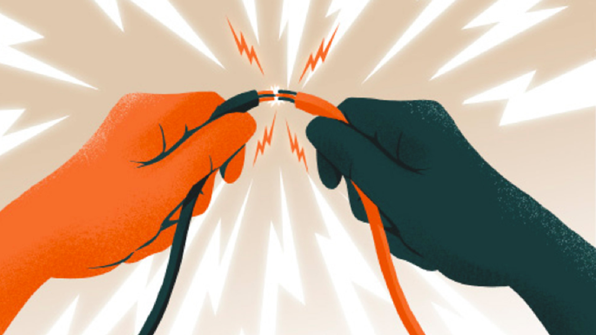 Two hands connecting a wire, illustrated by Pietari Posti .