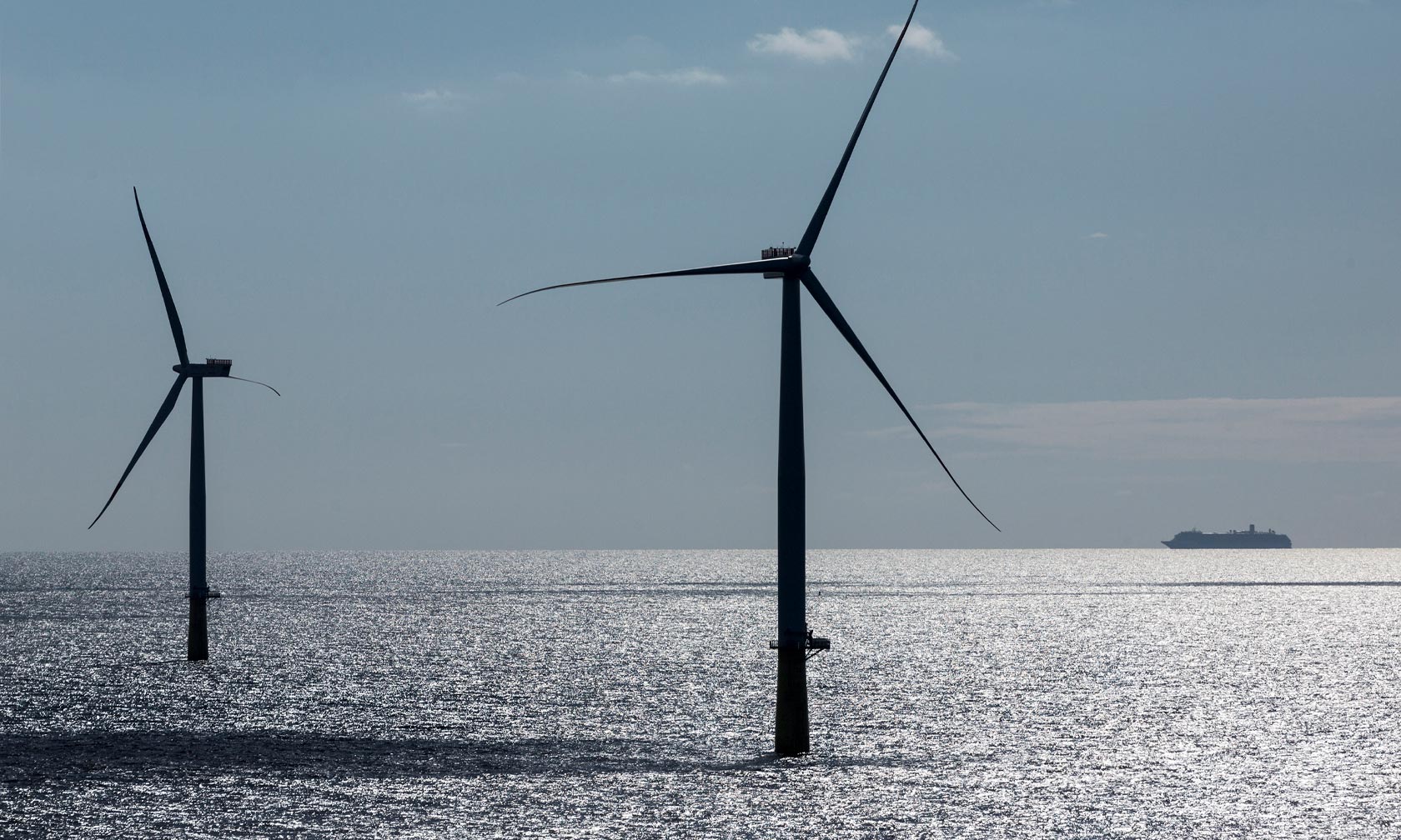 Two wind turbines at Vattenfall's offshore wind farm DanTysk