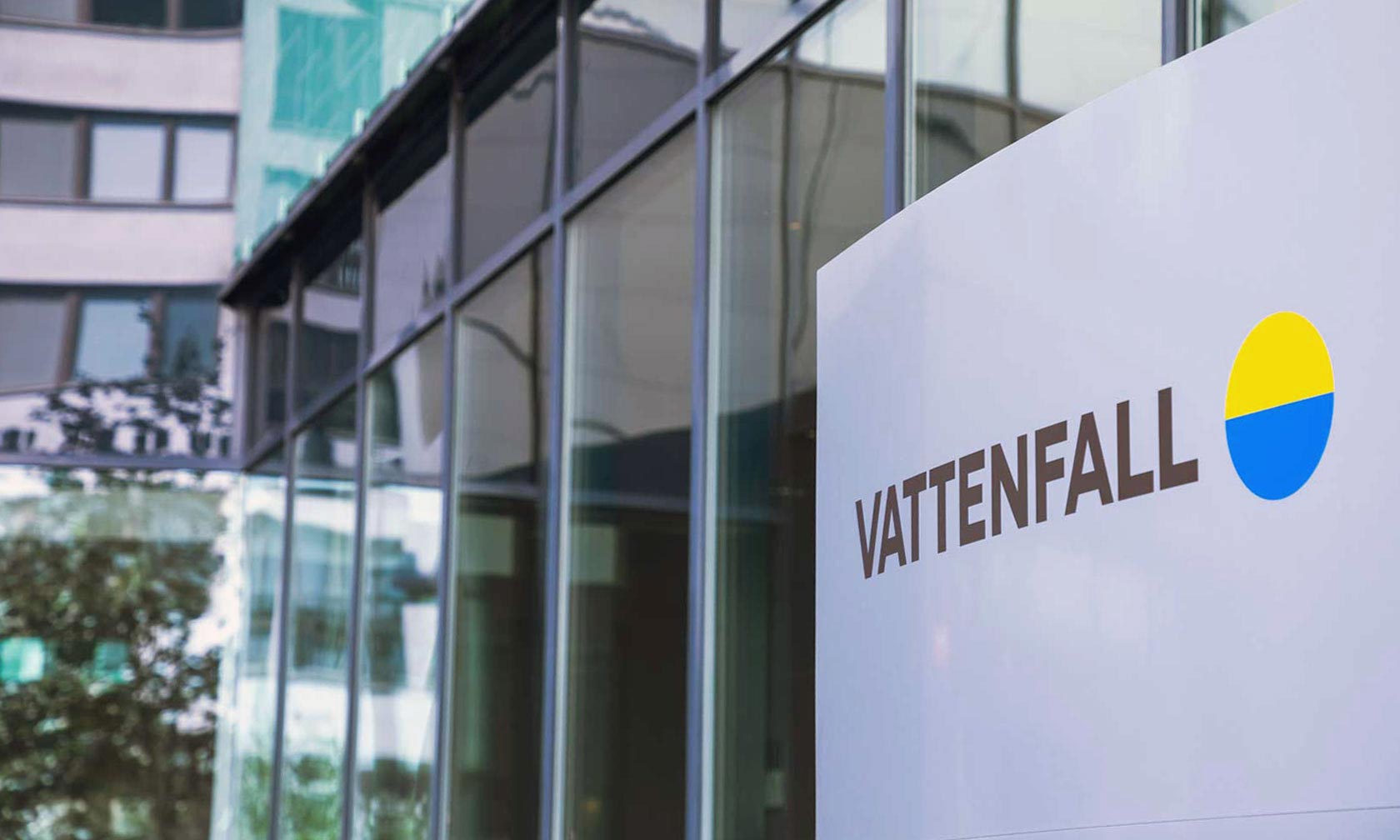 Vattenfall sign at the entrance to the head office in Solna, Sweden