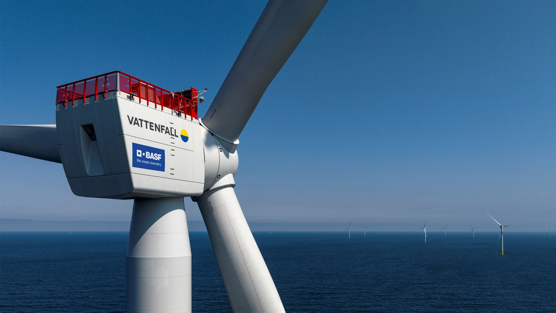 Offshore wind farm with BASF and Vattenfall logos