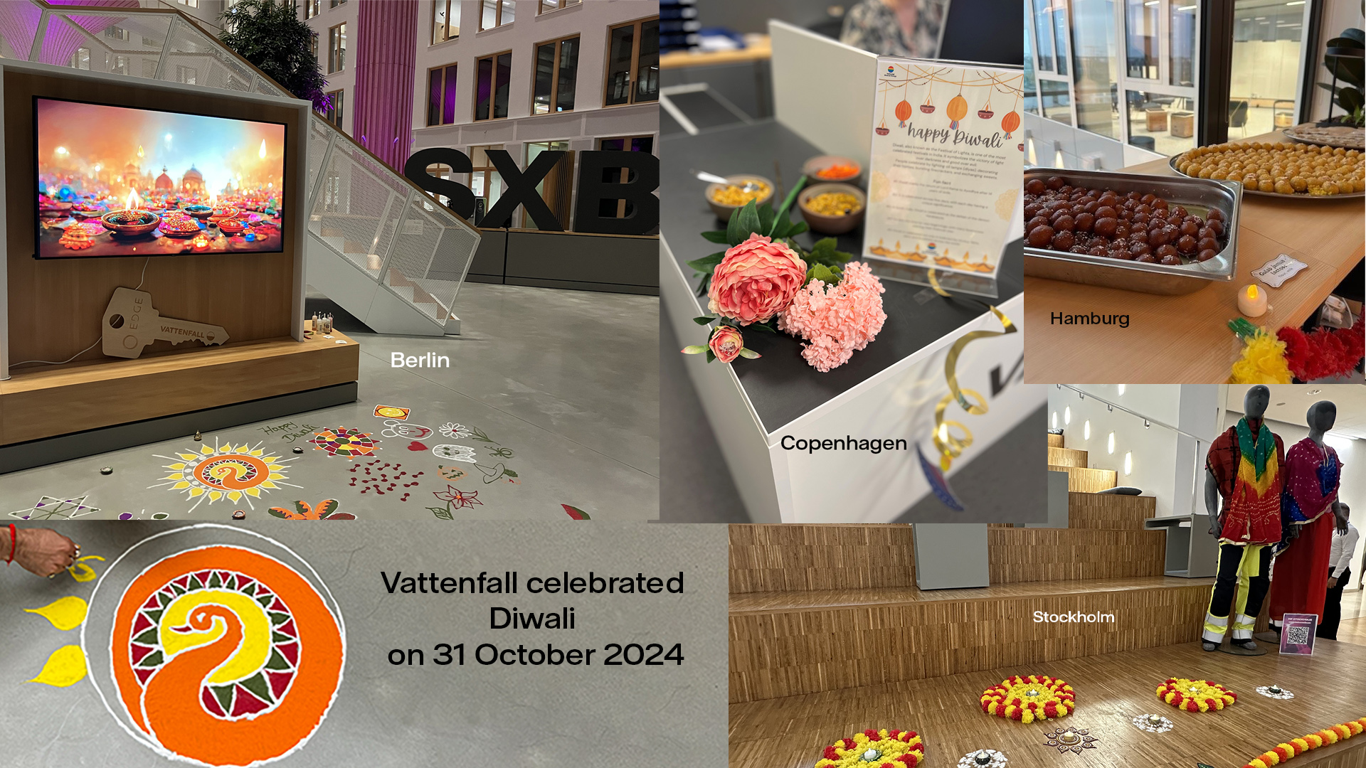 Collage of images from Vattenfall's celebrations of Diwali on 31 October 2024 in Stockholm, Copenhagen, Hamburg and Berlin