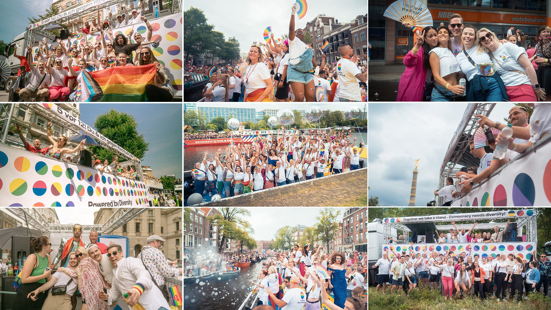 A collection of images of Vattenfall employees taking part in Pride parades in different citites