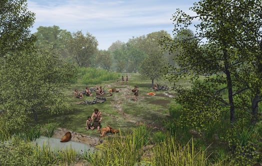 Reconstruction showing mesolithic hunters by waterside as might have been in Doggerland