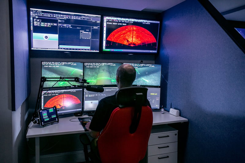 An image of a man sitting in front of multiple computer screens. The screens show radar and imagery from cameras under the water. 