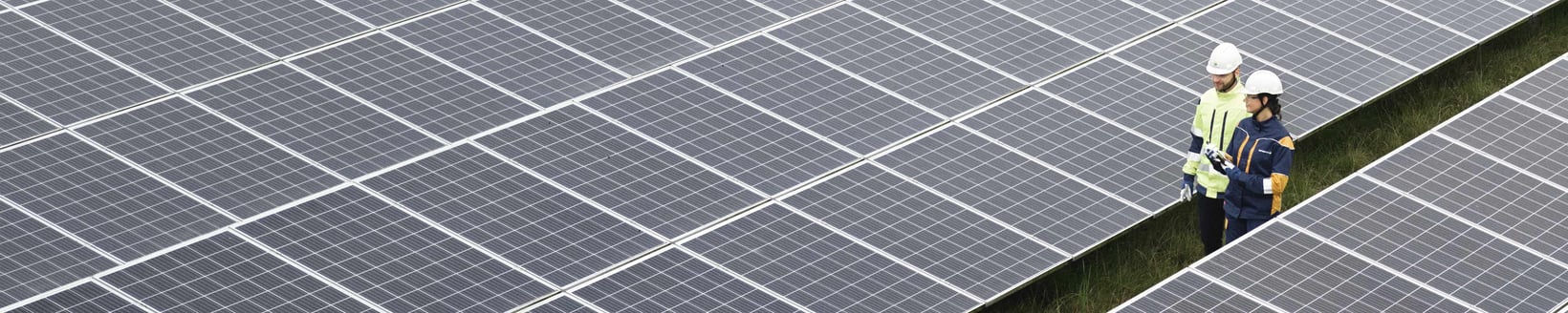 Two workers in a field of solar panels Two workers in a field of solar panels