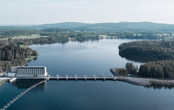 Aerial view of the dam at Vittjärv hydro power plant. Aerial view of the dam at Vittjärv hydro power plant.