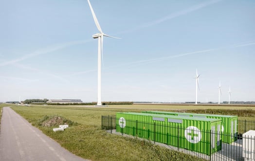 Battery storage at an onshore wind farm. Battery storage at an onshore wind farm.