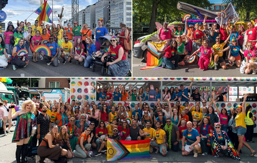 Group photos of Vattenfall employees in colorful outfits in Stockholm, and in front of decorated trucks in Amsterdam and Hamburg Group photos of Vattenfall employees in colorful outfits in Stockholm, and in front of decorated trucks in Amsterdam and Hamburg