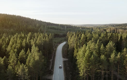 Flygbild över en bil som kör på en slingrande väg genom tät barrskog. Flygbild över en bil som kör på en slingrande väg genom tät barrskog.