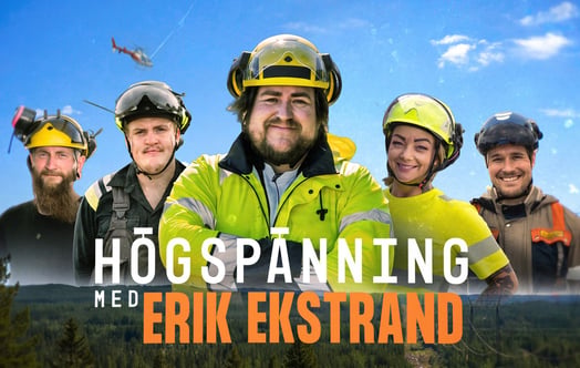 Fem personer i skyddskläder och texten "Högspänning med Erik Ekstrand". Fem personer i skyddskläder och texten "Högspänning med Erik Ekstrand".
