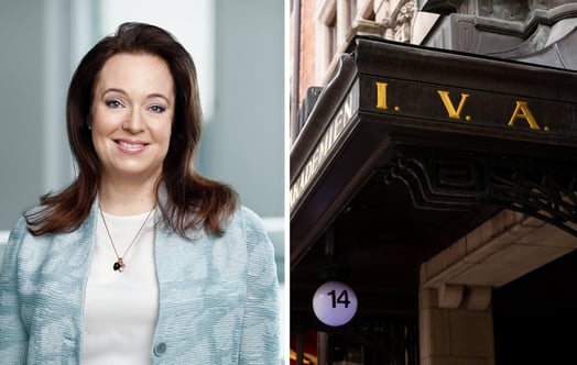 Kollage med porträtt på Vattenfalls vd Anna Borg och bild på IVA:s entré. Kollage med porträtt på Vattenfalls vd Anna Borg och bild på IVA:s entré.